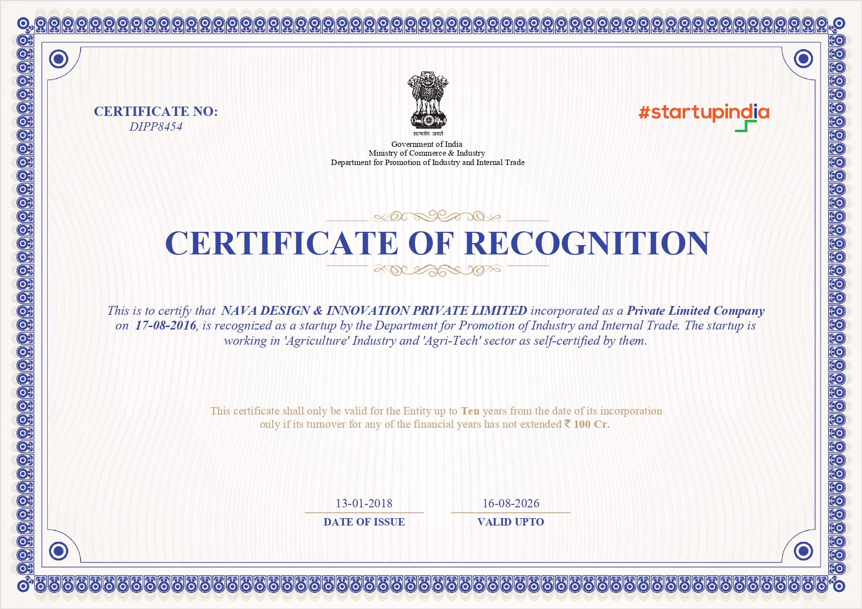 NAVA recognition certificate
